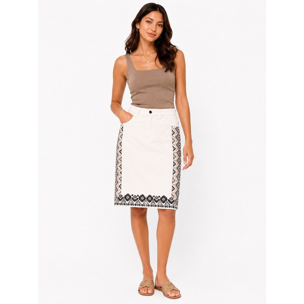 Anthropologie Pilcro Embroidered Denim Skirt Size 6 Cream Boho Cotton Skirt
